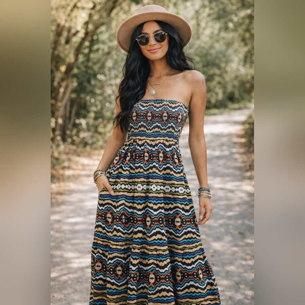 Elizabeth James The Label Ikat Stripe Izzy Bohemian Cotton Skirt Dress Size M